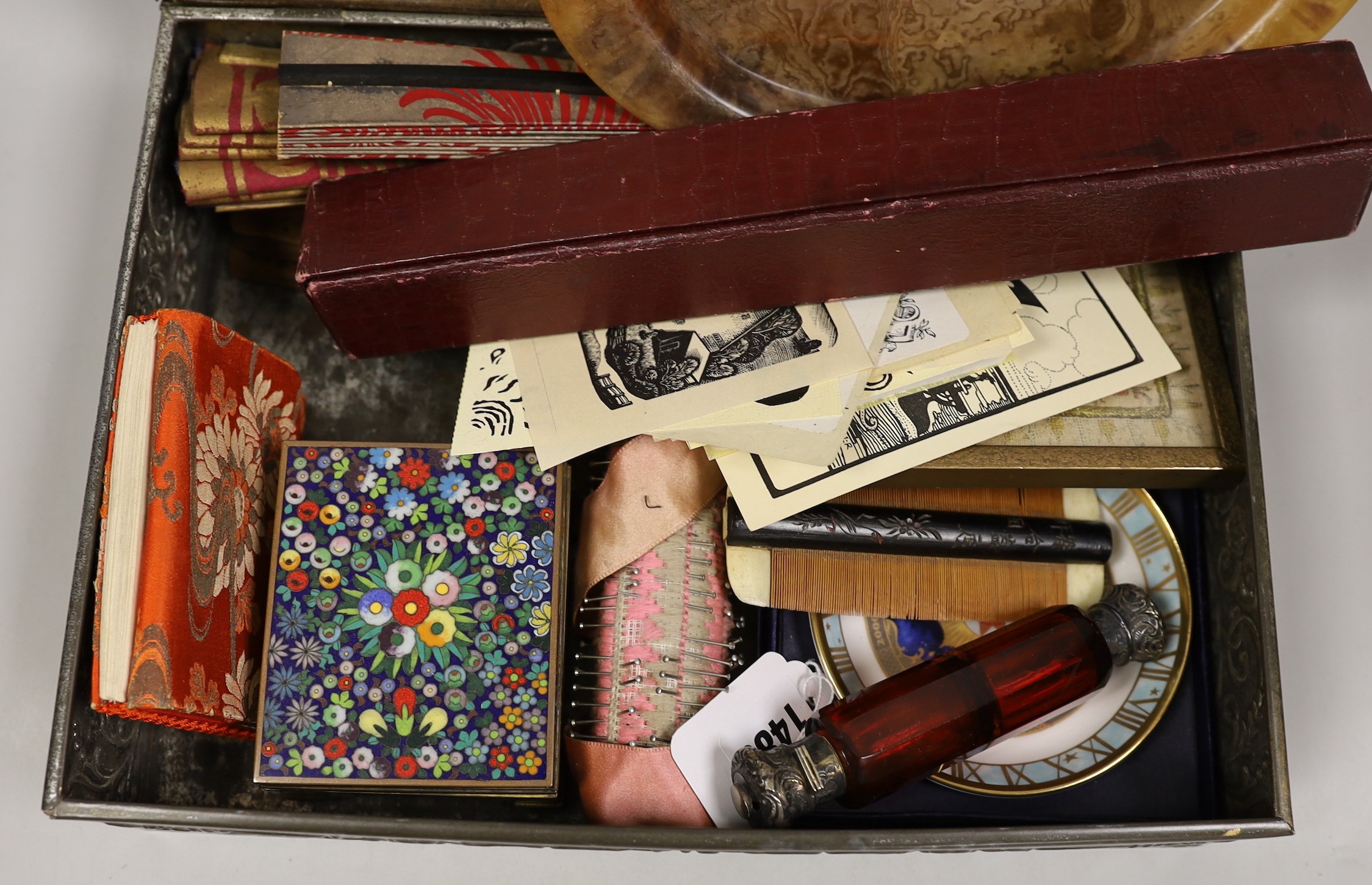 A 19th century ruby glass double ended scent bottle, two European and two Japanese fans, two Turkish embroideries, a tortoiseshell card tray possibly with gold mount and mixed collectables